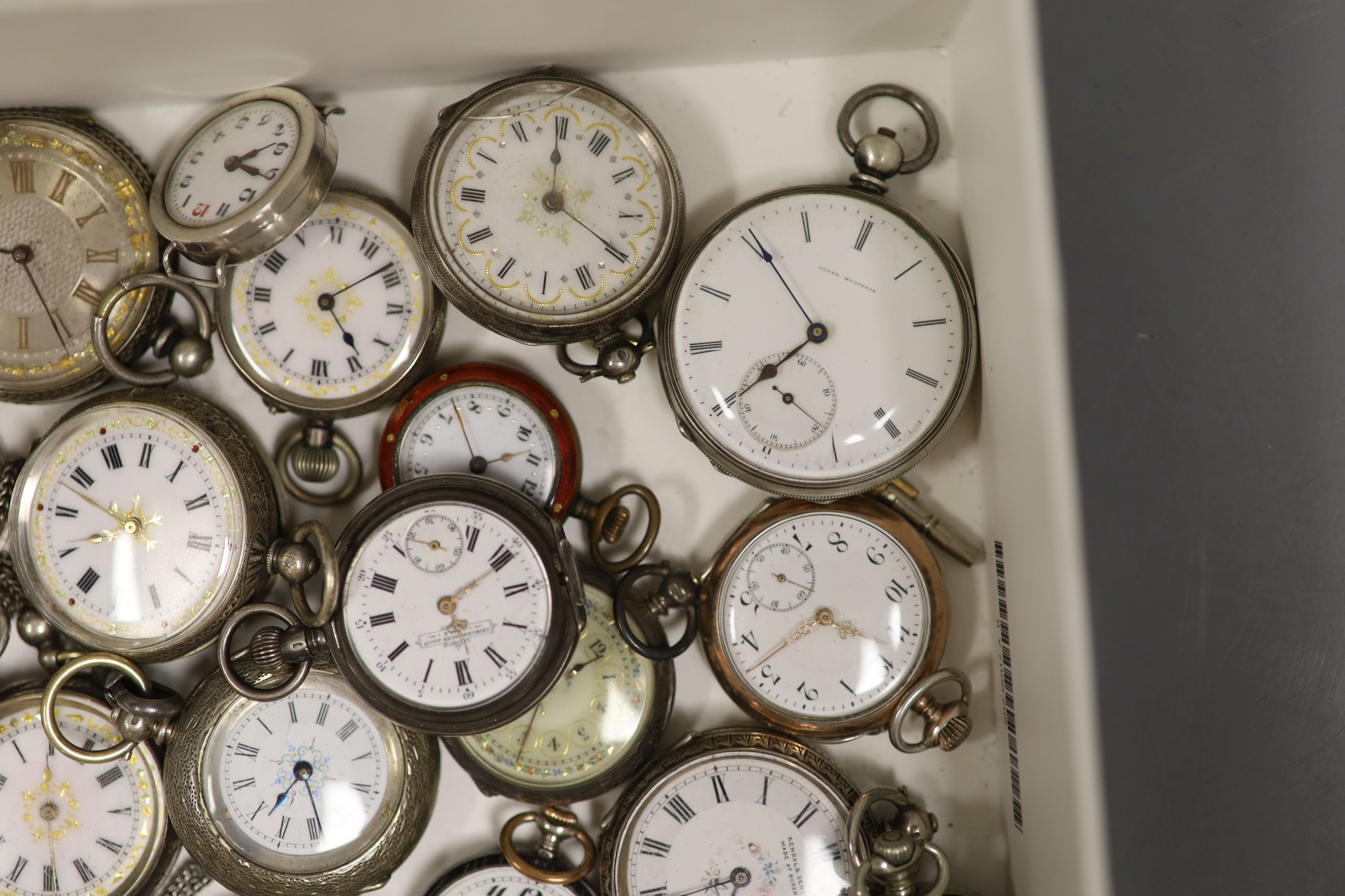 A collection of lady's assorted mainly continental white metal fob and pocket watches, including enamel and three wrist watches.